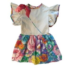 80s Vintage KLL Girls Dress Size 6X White Floral Ruffle Bow Made in USA 53292